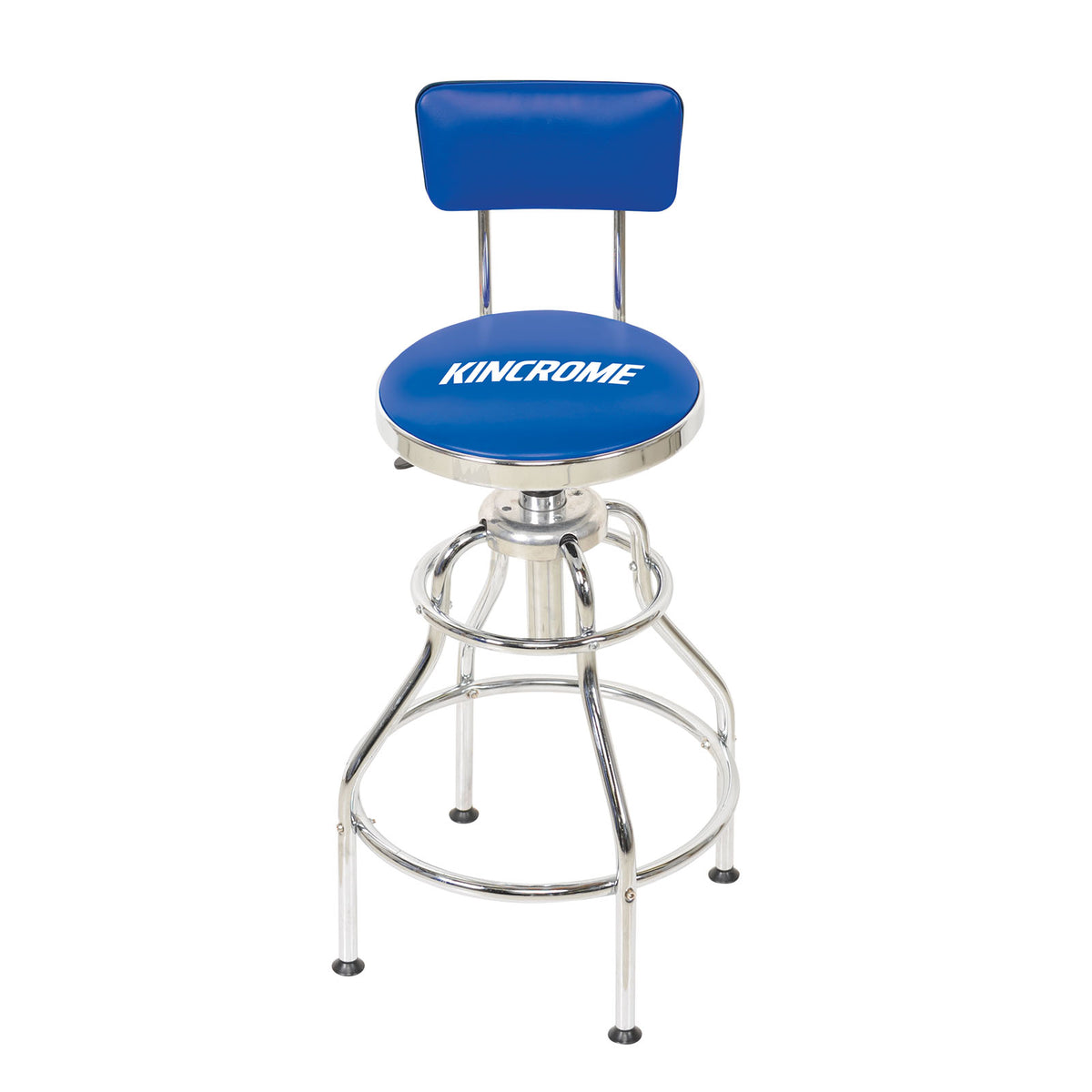 This is an image of a Kincrome blue padded swivel stool with backrest, metal frame at Kennedys Welding Supplies in Derwent Park TAS, tool shop and welding specialists.