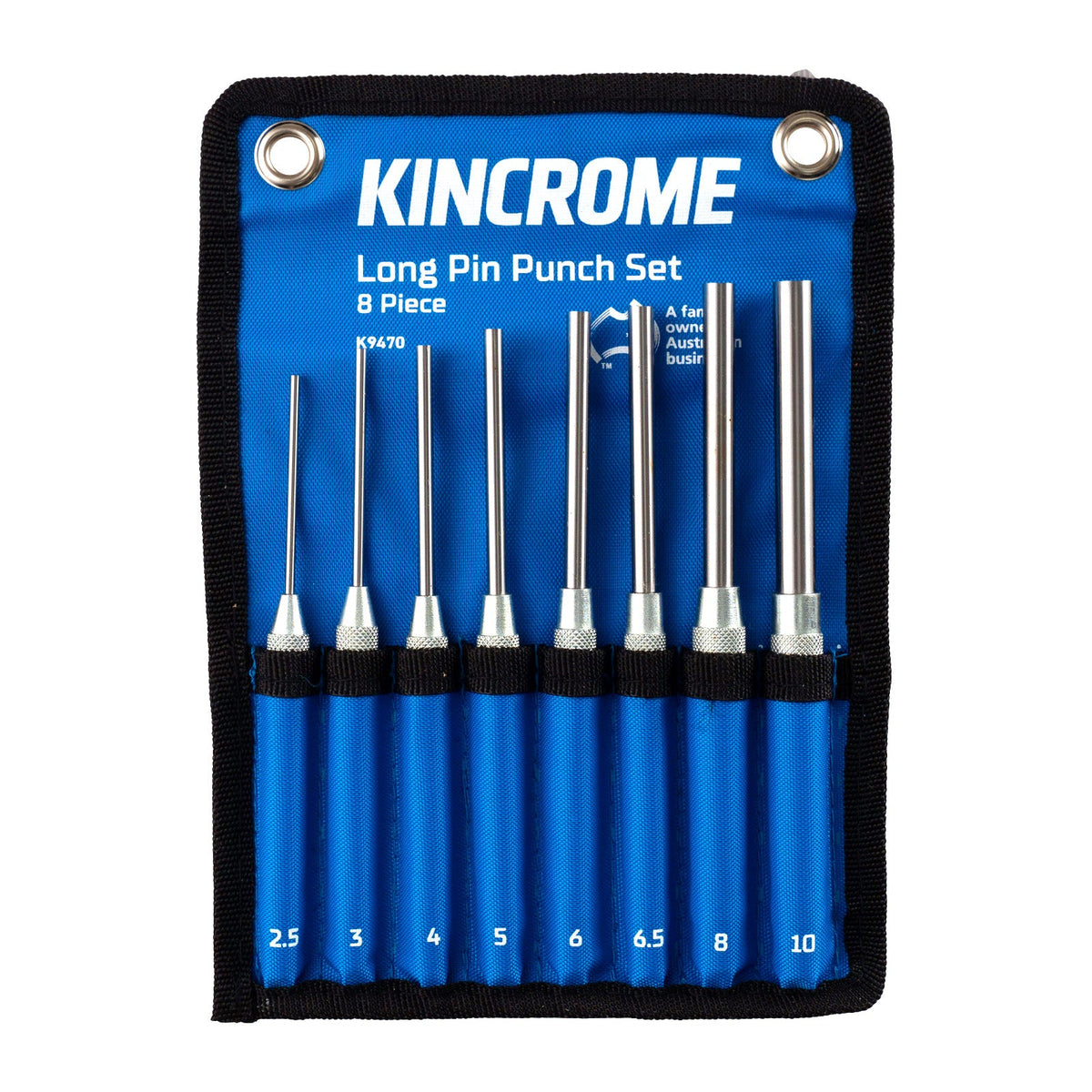 This is an image of KINCROME Long Pin Punch Set 8 Piece, tool kit in blue pouch from Kennedys Welding Supplies, Derwent Park TAS