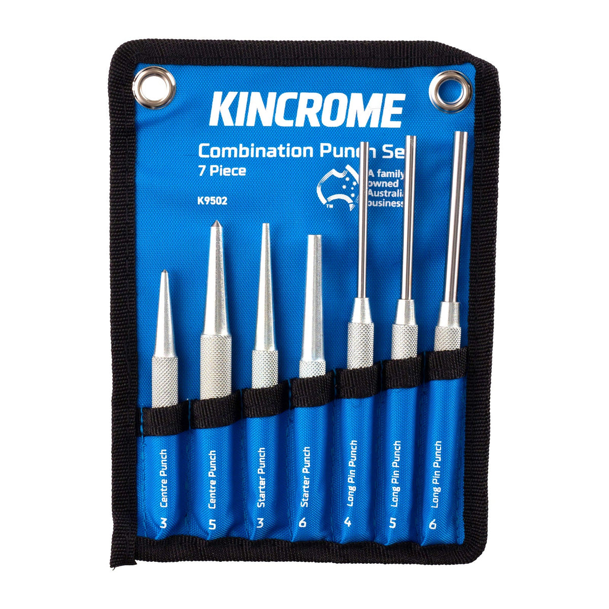 This is an image of Kincrome 7-piece Combination Punch Set K9502 in blue pouch, available at Kennedys Welding Supplies, Derwent Park TAS, tool shop and welding specialists