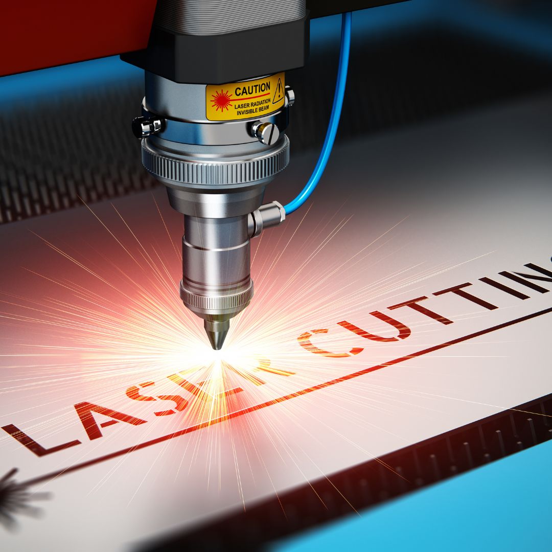 This is an image of a laser cutting machine engraving "LASER CUTTING" text, showcasing Kennedys Welding Supplies laser cutting service in Derwent Park TAS