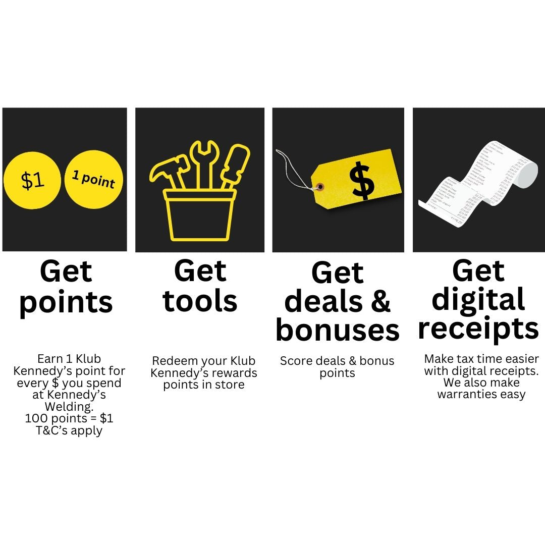 This is an image of Klub Kennedys Rewards program icons showing points, tools, deals, and digital receipts at Kennedys Welding Supplies in Derwent Park TAS