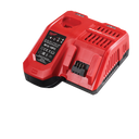 This is an image of a red Milwaukee M12-18FC rapid charger for power tools, featured by Kennedys Welding Supplies in Derwent Park, TAS, offering tool shop, laser cutting, and welding services.