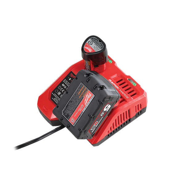 This is an image of a Milwaukee M12-18FC rapid battery charger for power tools, featured by Kennedys Welding Supplies in Derwent Park, TAS, offering tool shop and power tool repairs.