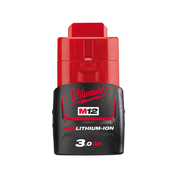 This is an image of a Milwaukee M12 REDLITHIUM-ION 3.0Ah battery pack available at Kennedys Welding Supplies Tool Shop in Derwent Park TAS