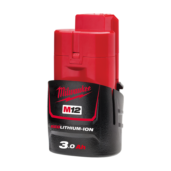 This is an image of a Milwaukee M12 3.0Ah Red Lithium-Ion battery for power tools at Kennedys Welding Supplies in Derwent Park, TAS