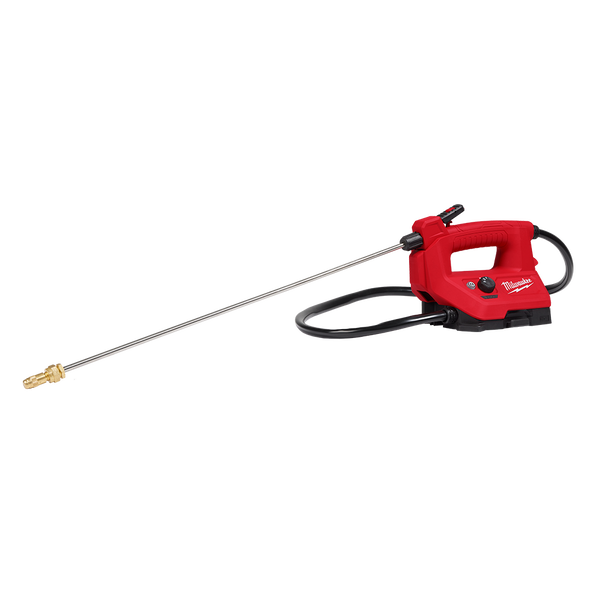 This is an image of a Milwaukee red power tool with a long metal lance and hose, featured by Kennedys Welding Supplies in Derwent Park TAS, specializing in tool shop, welding, and power tool repairs.