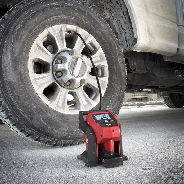This is an image of a digital tire inflator measuring pressure on a truck tire, showcasing Kennedys Welding Supplies tools and power tool repairs in Derwent Park, TAS