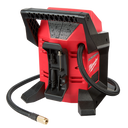 This is an image of a red Milwaukee M12 BI portable inflator tool displayed by Kennedys Welding Supplies in Derwent Park, TAS, offering tool shop and power tool repairs