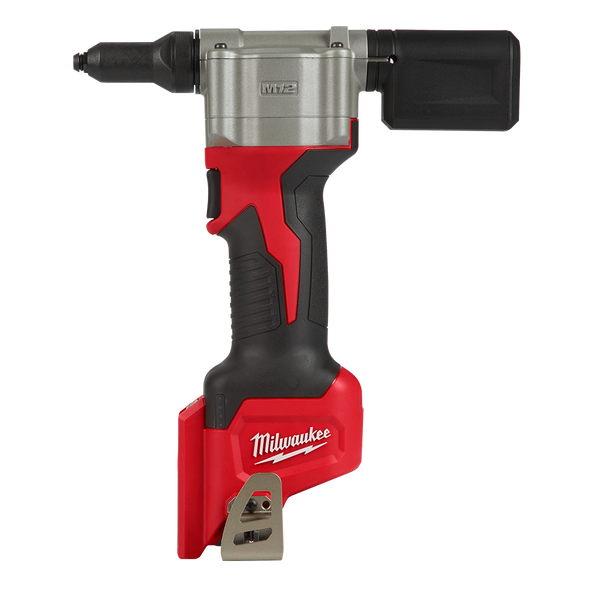 This is an image of a Milwaukee M12 cordless rivet gun in red and black, featured by Kennedys Welding Supplies in Derwent Park, TAS, offering tool shop, welding specialists, and power tool repairs.