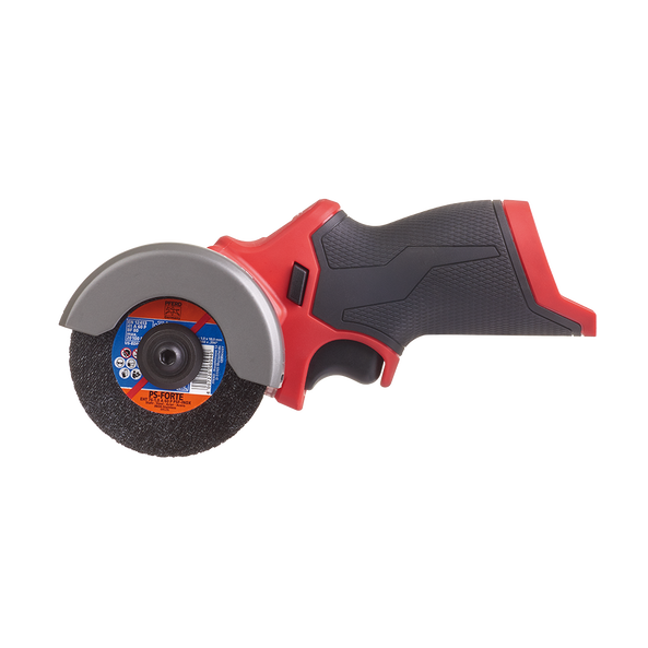 This is an image of a red and black handheld angle grinder with a cutting disc, offered by Kennedys Welding Supplies in Derwent Park, Tasmania, specialists in tool shop, welding, and power tool repairs.