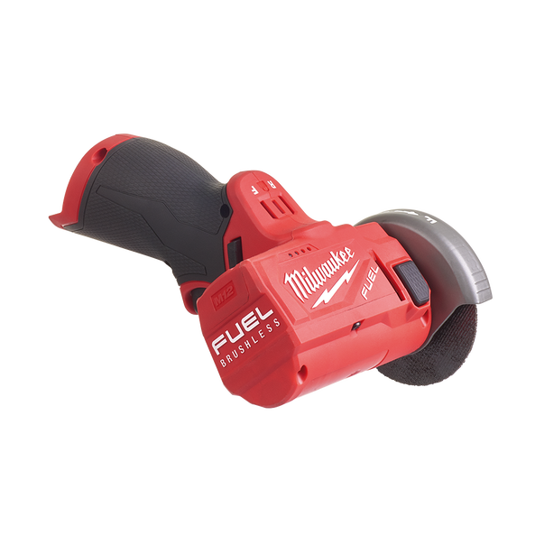 This is an image of a Milwaukee M12 Fuel Brushless angle grinder tool, offered by Kennedys Welding Supplies in Derwent Park, Tasmania, specialist in welding and tool shop services.