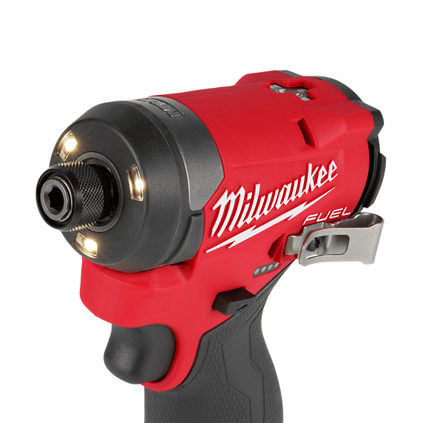 This is an image of a red Milwaukee Fuel compact power tool spotlighted, promoted by Kennedys Welding Supplies in Derwent Park TAS, offering tool sales and repairs.
