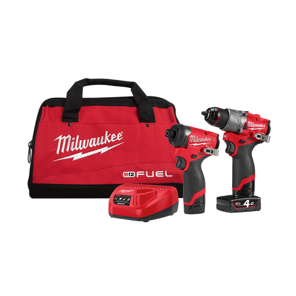This is an image of Milwaukee M12 Fuel cordless drill and impact driver set with charger and carrying bag, offered by Kennedys Welding Supplies in Derwent Park TAS, welding specialists and tool shop.