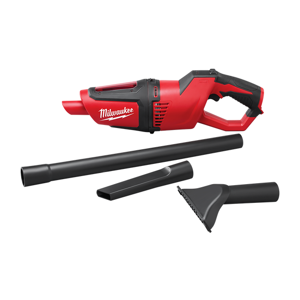 This is an image of a red Milwaukee handheld vacuum with attachments available at Kennedys Welding Supplies in Derwent Park, TAS, offering tool shop and welding specialist services