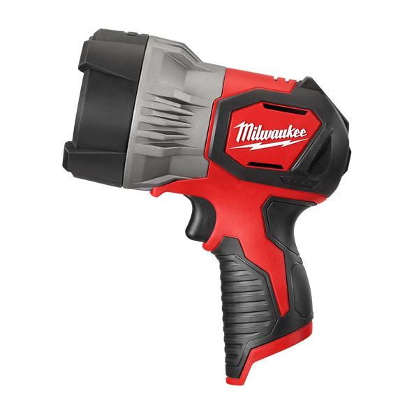 This is an image of a Milwaukee red and black handheld power tool spotlight available at Kennedys Welding Supplies in Derwent Park, TAS, offering tool shop, welding specialists, and power tool repairs.