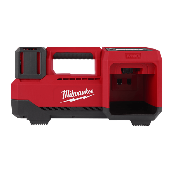 This is an image of a red Milwaukee M18 battery charger available at Kennedys Welding Supplies in Derwent Park, TAS, offering tool shop and power tool repairs