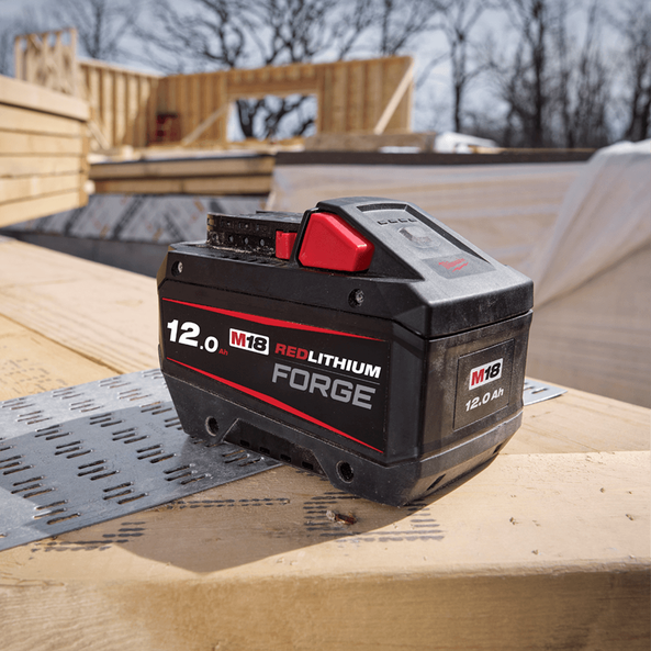 This is an image of a Milwaukee M18 REDLITHIUM 12.0 Ah battery at a woodworking site, featured by Kennedys Welding Supplies in Derwent Park, TAS offering tool shop and welding specialist services