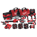 This is an image of Milwaukee power tools kit including drills, saw, blower, charger, and batteries with bags by Kennedys Welding Supplies, Derwent Park TAS