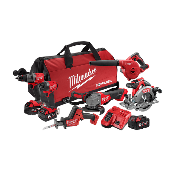 This is an image of Milwaukee M18 Fuel power tool kit with drill, circular saw, blower, and carry bag from Kennedys Welding Supplies in Derwent Park TAS