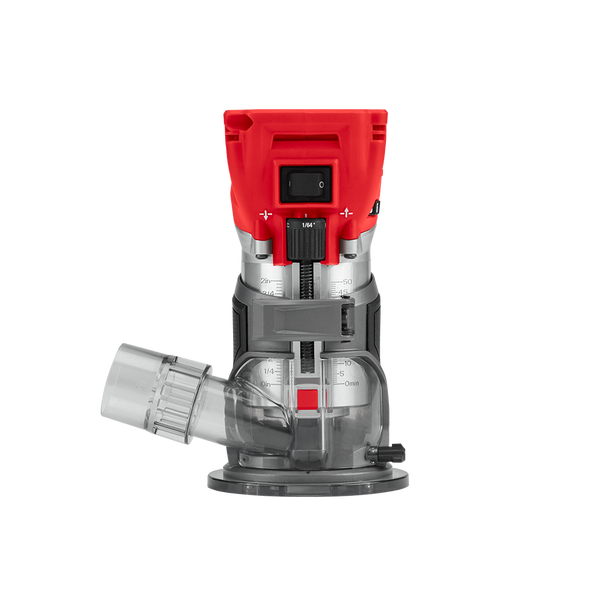 This is an image of a red and gray Milwaukee M18FTR-0 compact router at Kennedys Welding Supplies, Derwent Park TAS, offering Tool Shop and Power Tool Repairs