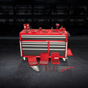 This is an image of a red Milwaukee tool chest with organized hand tools and power tools displayed, from Kennedys Welding Supplies in Derwent Park, Tasmania, offering welding specialists, tool shop, and power tool repairs.