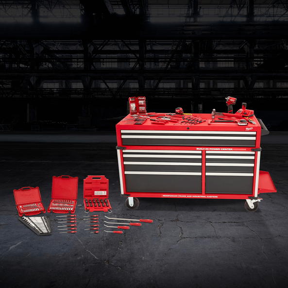 This is an image of a red and black Milwaukee tool chest with multiple hand tools displayed, featured by Kennedys Welding Supplies in Derwent Park TAS, offering welding specialists and tool shop services