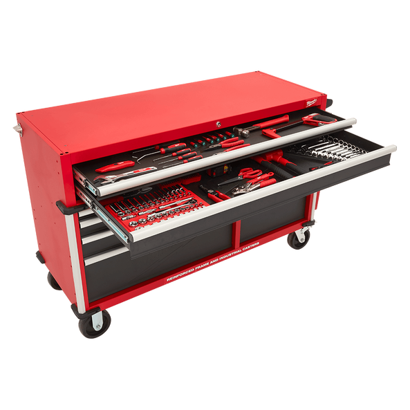 This is an image of a red tool chest filled with various hand tools, featured by Kennedys Welding Supplies in Derwent Park TAS, offering tool shop and welding specialist services