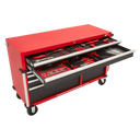 This is an image of a red tool chest filled with various hand tools, featured by Kennedys Welding Supplies in Derwent Park TAS, offering tool shop and welding specialist services