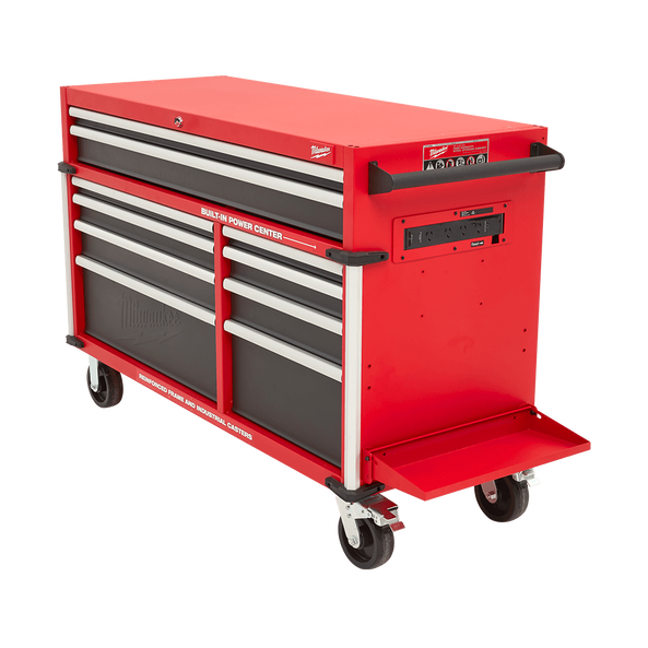 This is an image of a red Milwaukee tool chest with built-in power center on wheels, at Kennedys Welding Supplies in Derwent Park TAS offering tool shop and welding specialist services