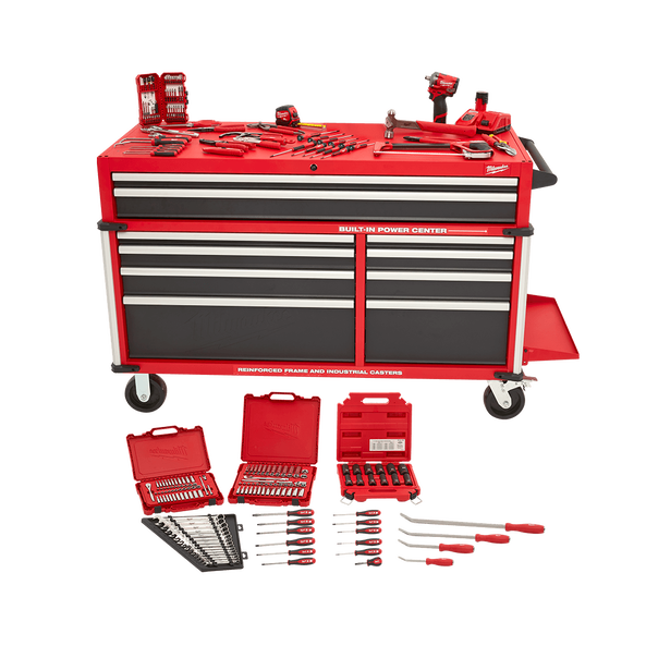 This is an image of a red Milwaukee tool chest with assorted hand tools, featured by Kennedys Welding Supplies in Derwent Park TAS, offering tool shop and welding specialist services