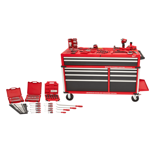 This is an image of a red Milwaukee tool chest with multiple drawers and organized hand tools, featured by Kennedys Welding Supplies in Derwent Park TAS, offering tool shop services and welding specialists.