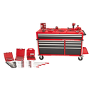 This is an image of a red Milwaukee tool chest with multiple drawers and organized hand tools, featured by Kennedys Welding Supplies in Derwent Park TAS, offering tool shop services and welding specialists.