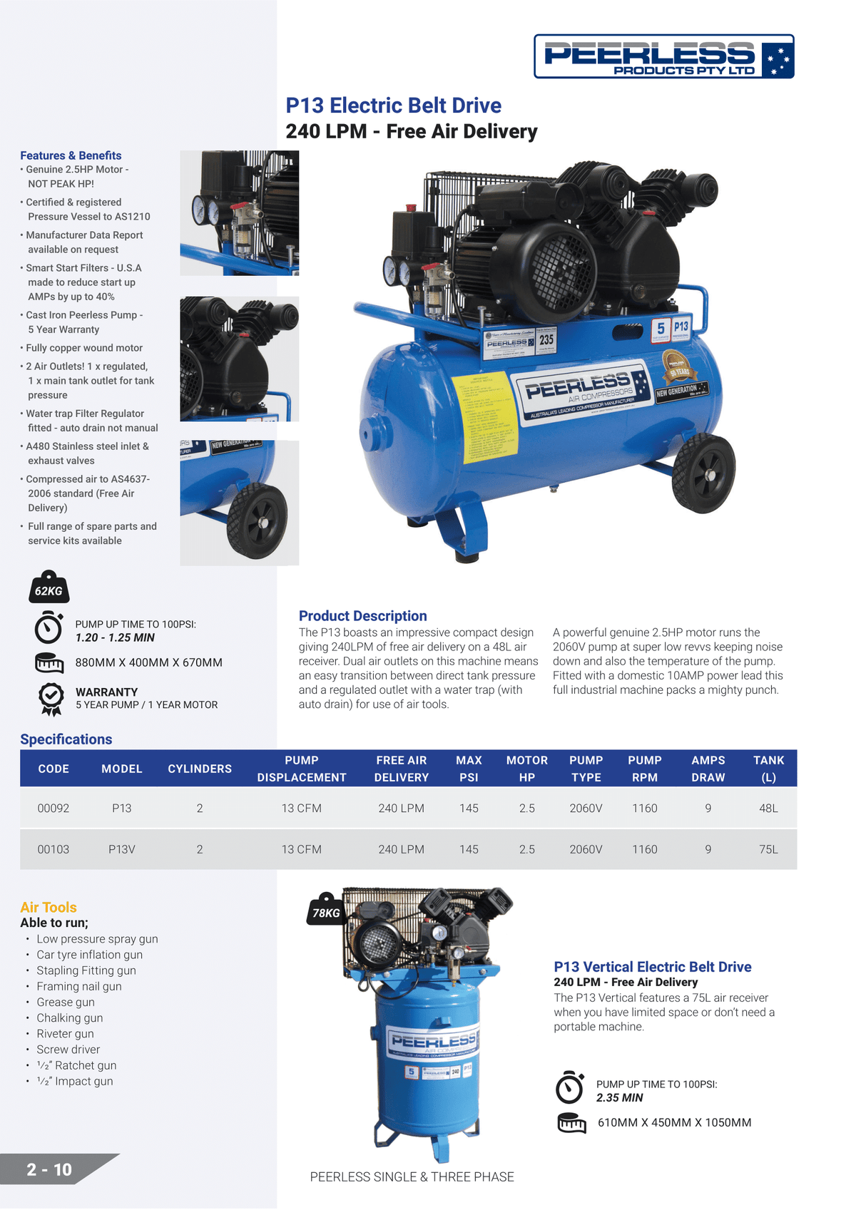 This is an image of Peerless P13 Electric Belt Drive air compressors brochure showing 240 LPM free air delivery, offered by Kennedys Welding Supplies in Derwent Park, TAS, providing tool shop and welding specialist services.