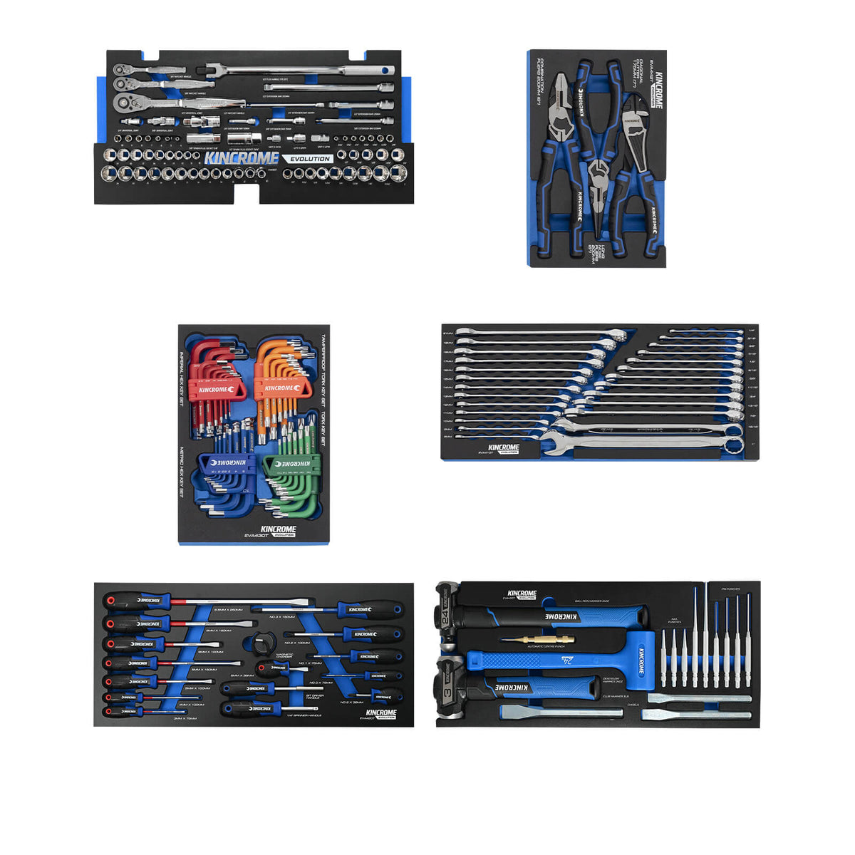 This is an image of Kincrome Evolution tool sets including ratchets, pliers, wrenches, hex keys, and hammers displayed by Kennedys Welding Supplies in Derwent Park TAS, offering tool shop, power tool repairs, and welding specialists.