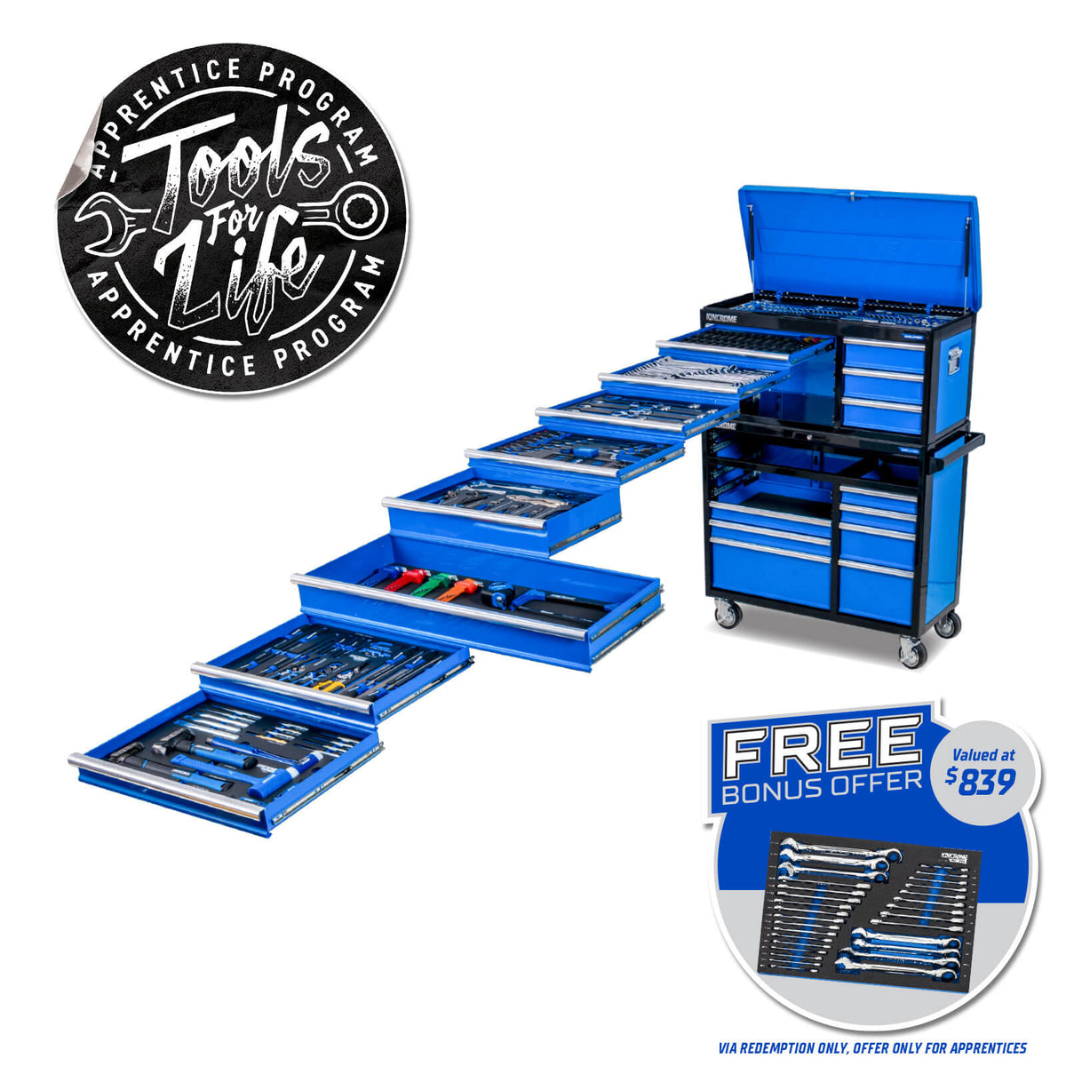 This is an image of a blue tool cabinet with multiple open drawers displaying various tools, featuring a 'Tools for Life' apprentice program badge and a free bonus offer from Kennedys Welding Supplies in Derwent Park, Tasmania, offering tool shop, welding specialists, and onsite tool truck services.