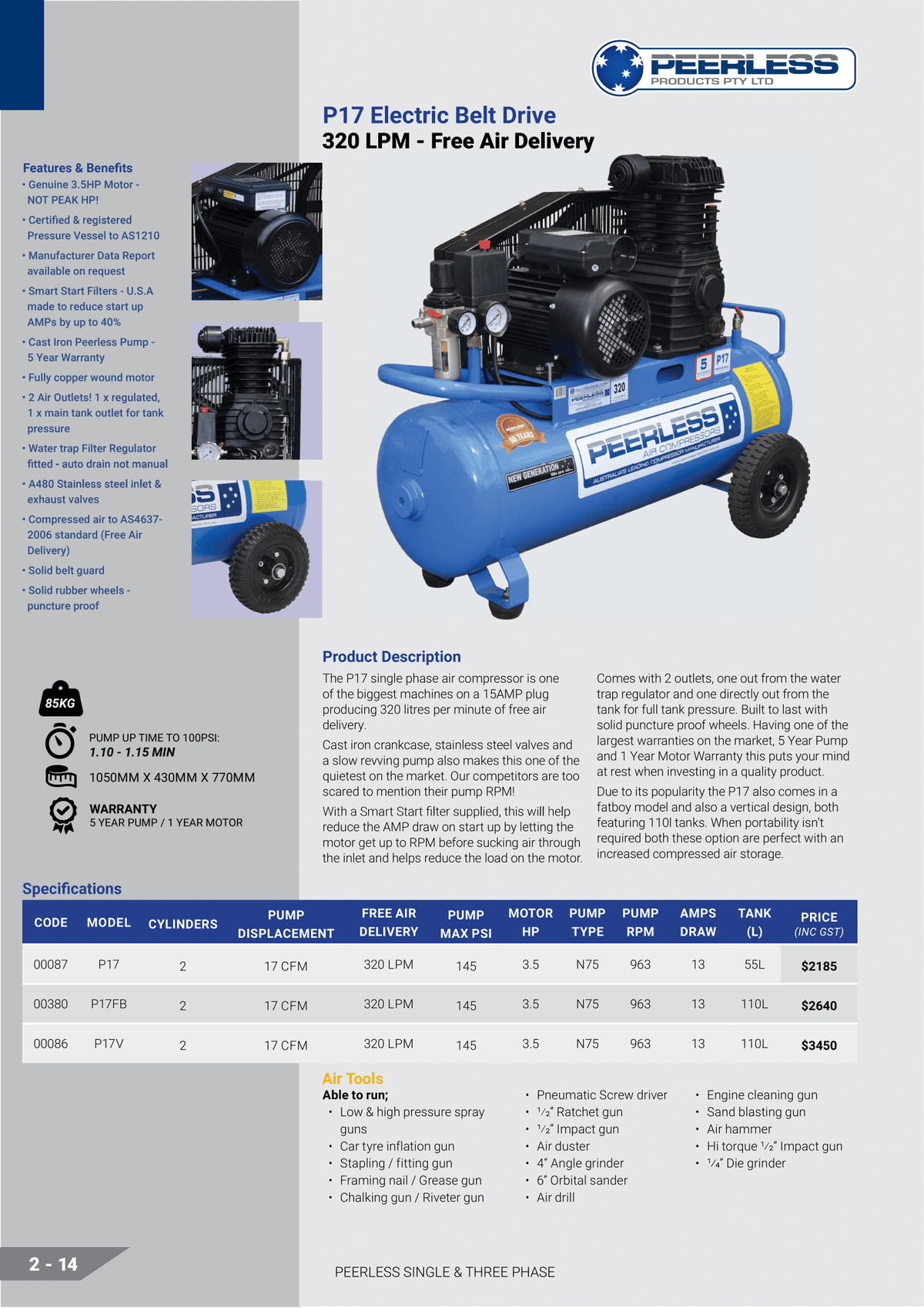 This is an image of Peerless P17 Electric Belt Drive air compressor with 320 LPM free air delivery, featured by Kennedys Welding Supplies in Derwent Park TAS providing tools, laser cutting, power tool repairs, and welding services.