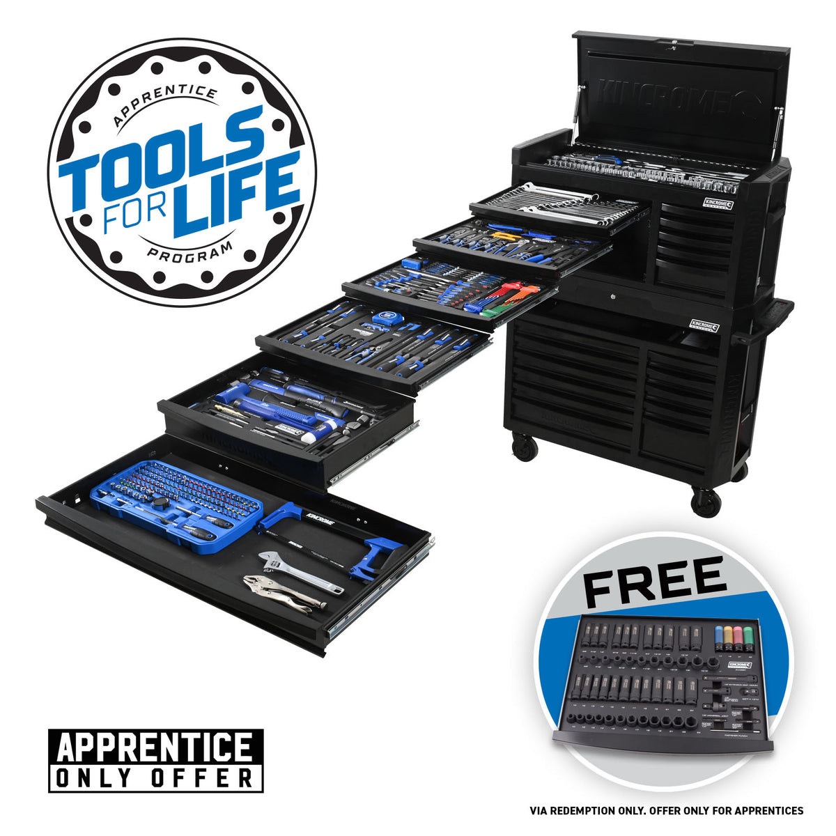 This is an image of a Kincrome black tool chest with multiple open drawers showcasing a variety of blue and silver hand tools, featured by Kennedys Welding Supplies in Derwent Park TAS, offering tool shop and welding specialist services.