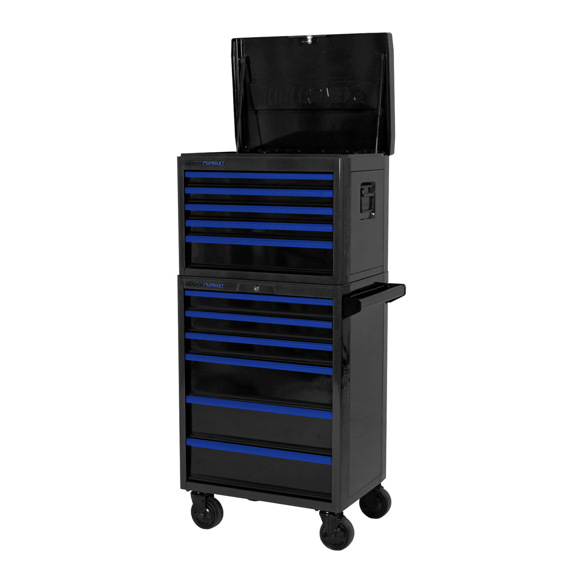 This is an image of a black and blue mobile tool cabinet with multiple drawers and a top lid open, from Kennedys Welding Supplies in Derwent Park TAS, offering Tool Shop and Power Tool Repairs.