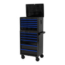 This is an image of a black and blue mobile tool cabinet with multiple drawers and a top lid open, from Kennedys Welding Supplies in Derwent Park TAS, offering Tool Shop and Power Tool Repairs.
