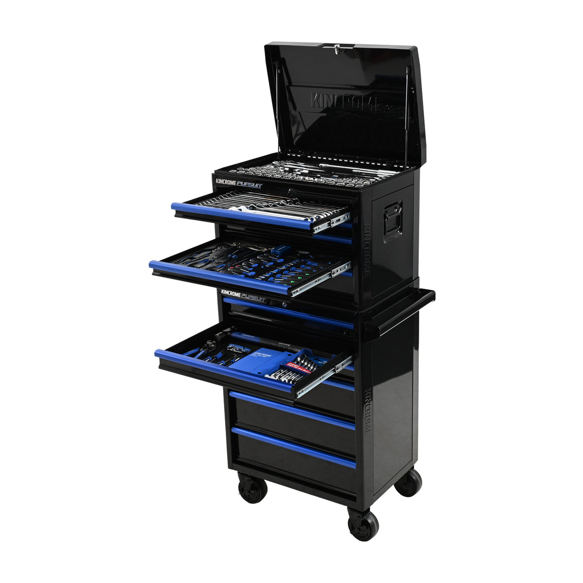This is an image of a Kincrome Pursuit black tool chest with multiple open drawers filled with tools at Kennedys Welding Supplies in Derwent Park TAS