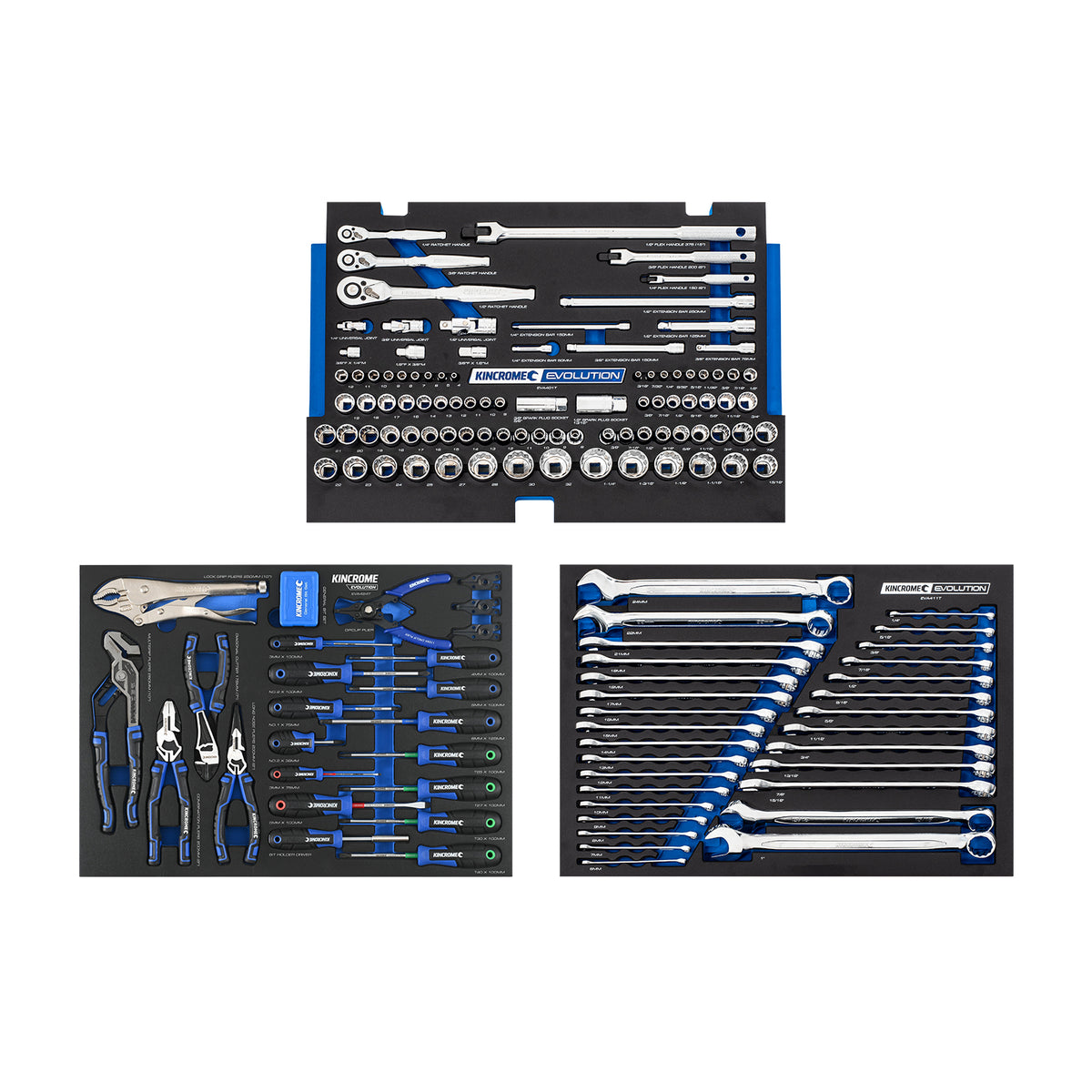 This is an image of Kincrome Evolution tool sets including ratchets, pliers, wrenches, and screwdrivers at Kennedys Welding Supplies in Derwent Park TAS