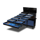 This is an image of a large black and blue Kincrome tool chest with multiple open drawers showcasing assorted hand tools, featured by Kennedys Welding Supplies Derwent Park TAS, tool shop and welding specialists.