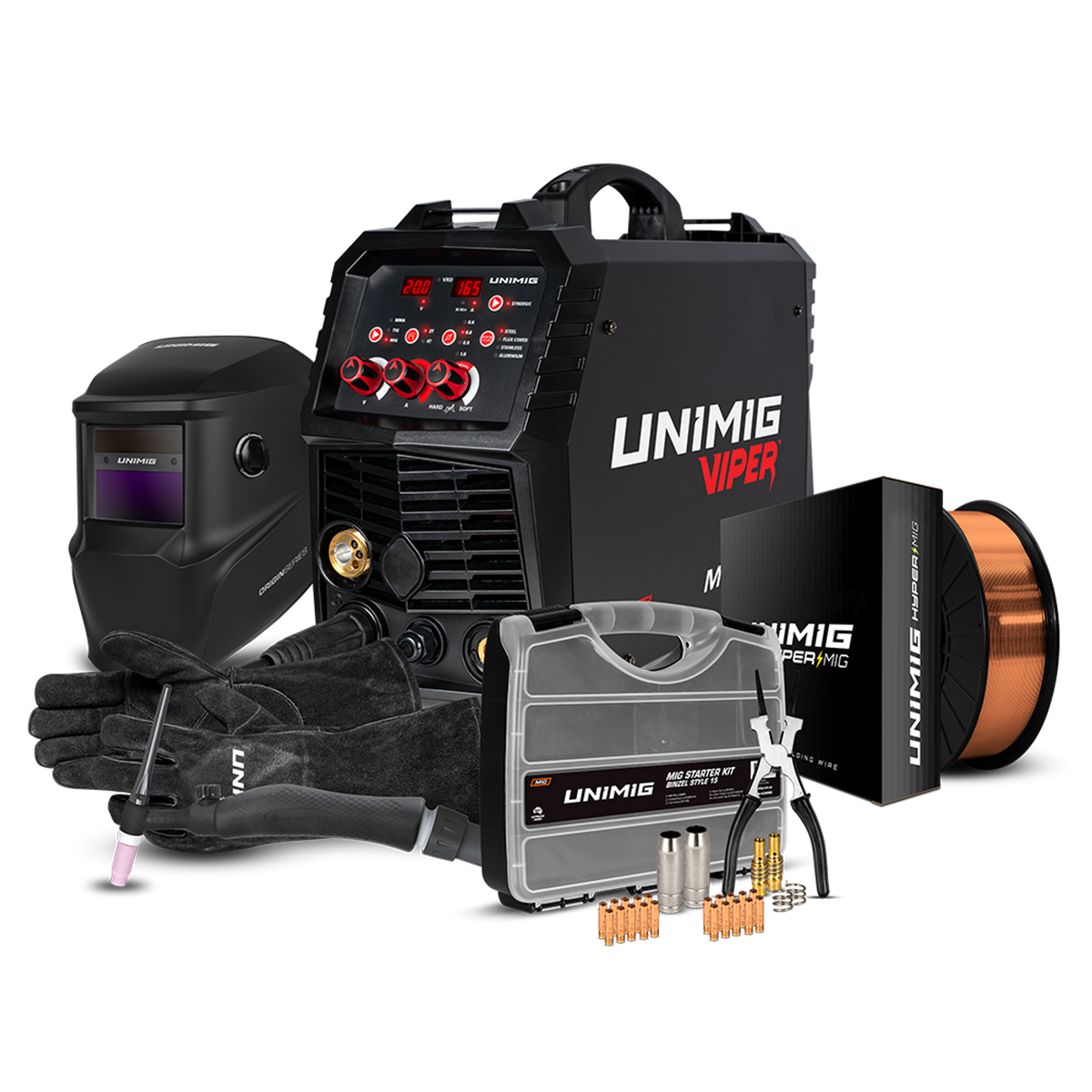 This is an image of a UNIMIG Viper165 MIG welder package with welding helmet, gloves, accessories kit, and spool of wire from Kennedys Welding Supplies in Derwent Park TAS, tool shop and welding specialists.