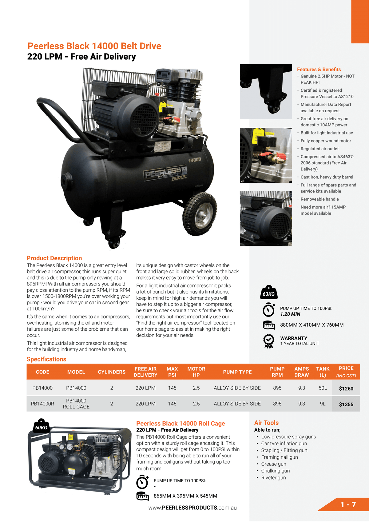 This is an image of Peerless Black 14000 Belt Drive air compressor at Kennedys Welding Supplies, Derwent Park TAS, offering Tool Shop and Welding Specialists services