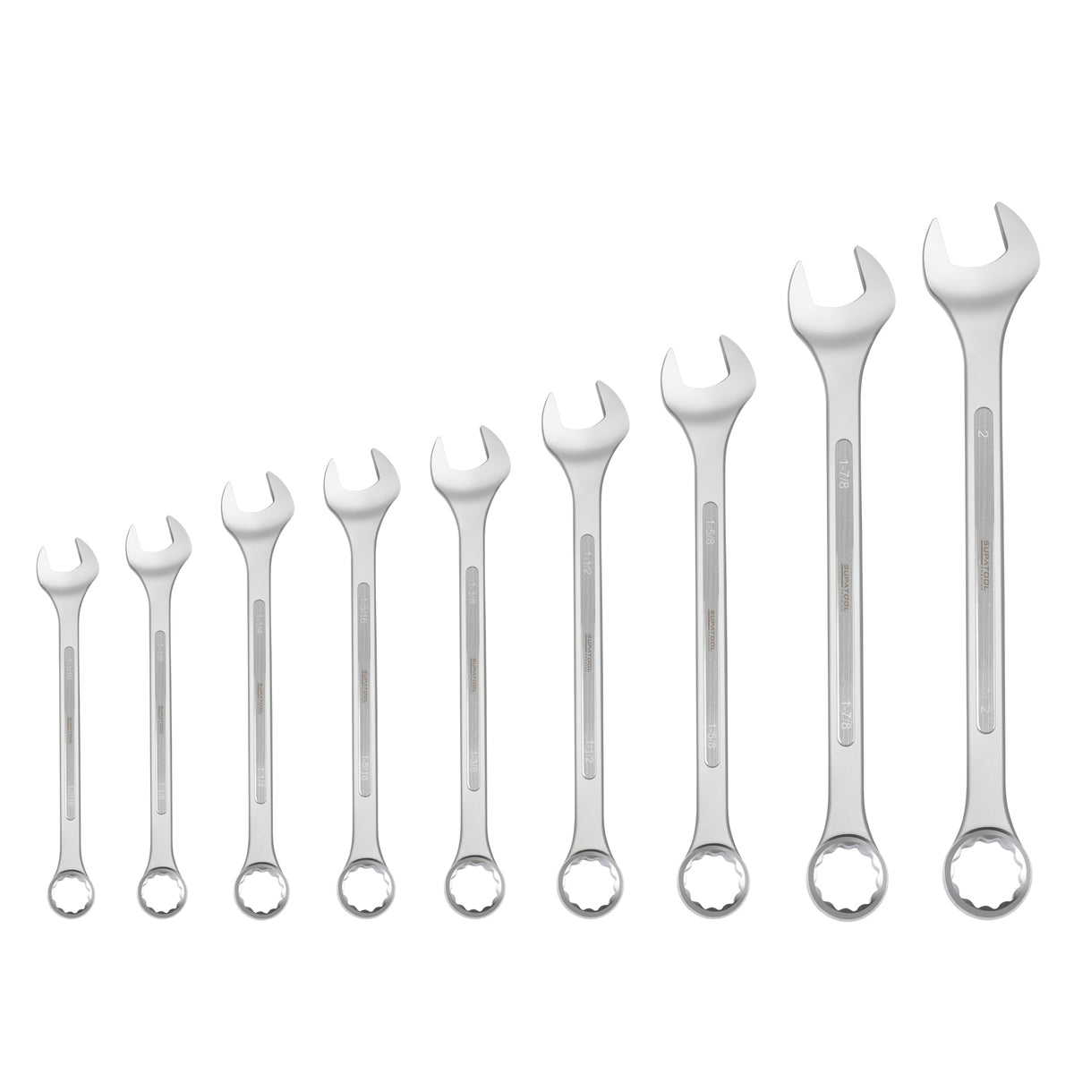 This is an image of a set of polished combination wrenches in increasing sizes, offered by Kennedys Welding Supplies in Derwent Park, TAS, serving as a tool shop and welding specialists