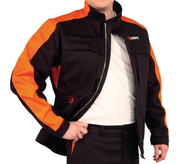 This is an image of a person wearing a black and orange welding jacket, representing Kennedys Welding Supplies in Derwent Park TAS, Tool Shop and Welding Specialists