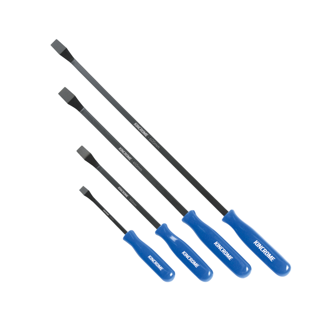 This is an image of a set of Kincrome blue-handled flat bladed chisels available at Kennedys Welding Supplies in Derwent Park TAS, offering tool shop and welding specialists services