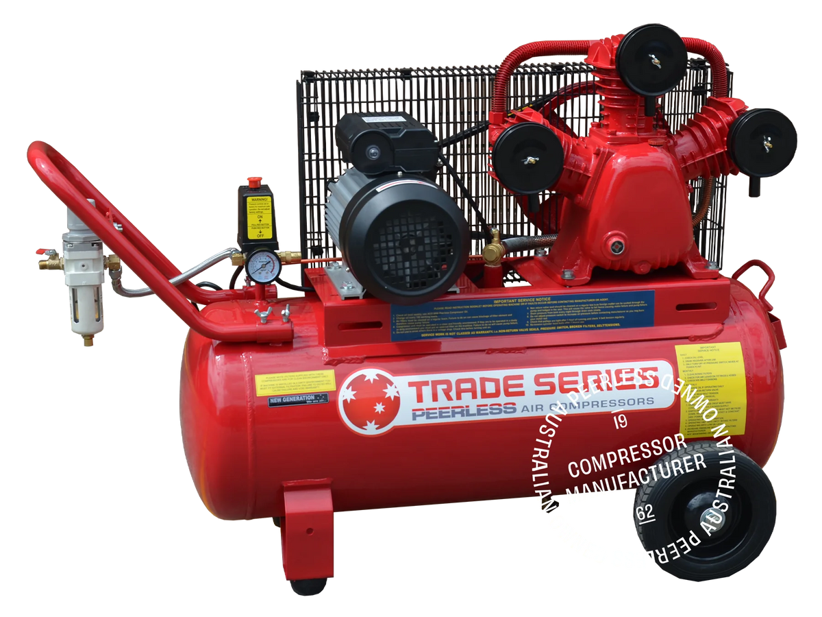 This is an image of a red Peerless Trade Series air compressor offered by Kennedys Welding Supplies in Derwent Park, Tasmania, specializing in tool shop, laser cutting, and welding services.