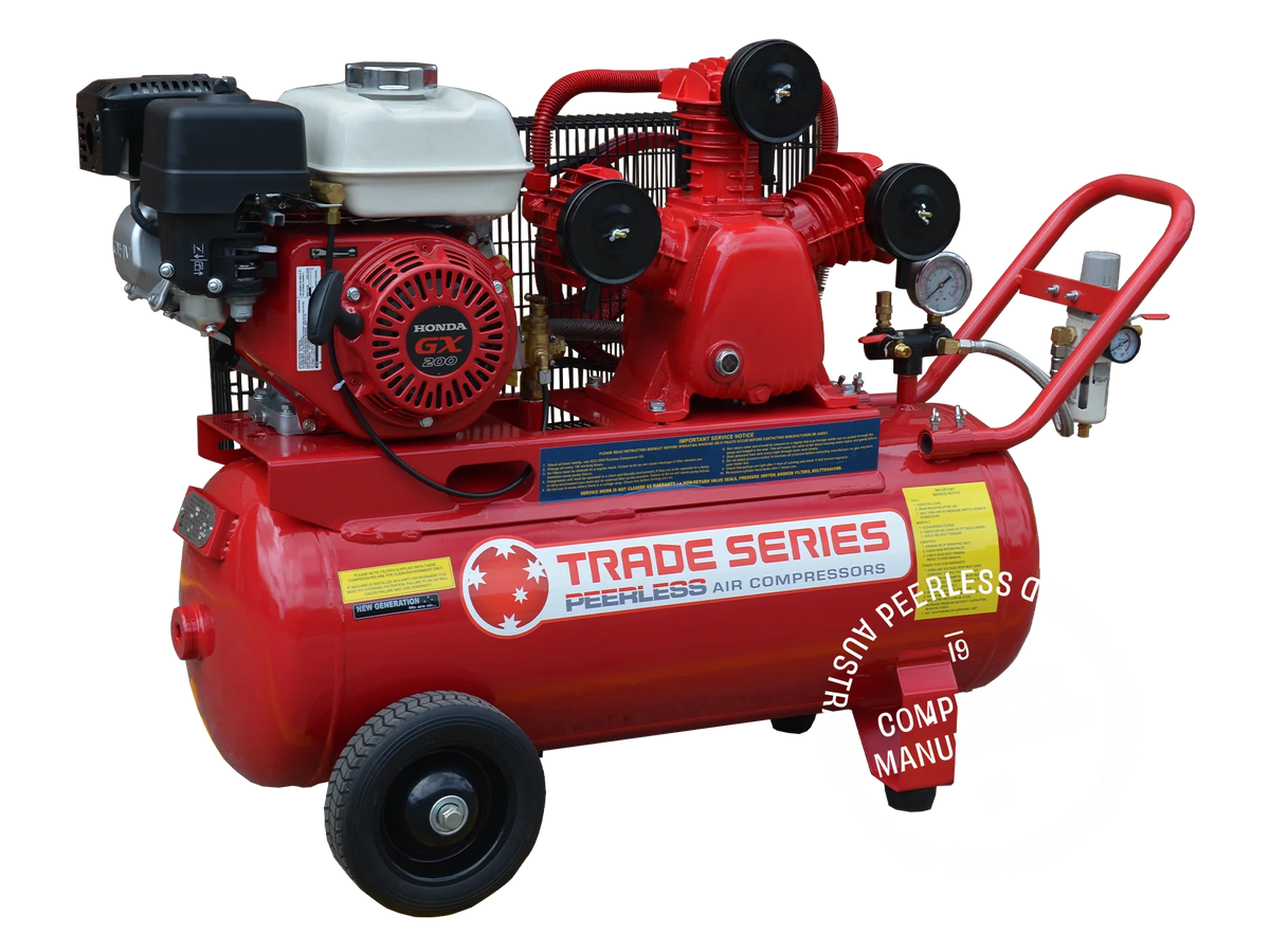 This is an image of a red Trade Series Peerless air compressor with Honda GX engine, offered by Kennedys Welding Supplies in Derwent Park, TAS, specializing in tool shop, welding, and power tool repairs.