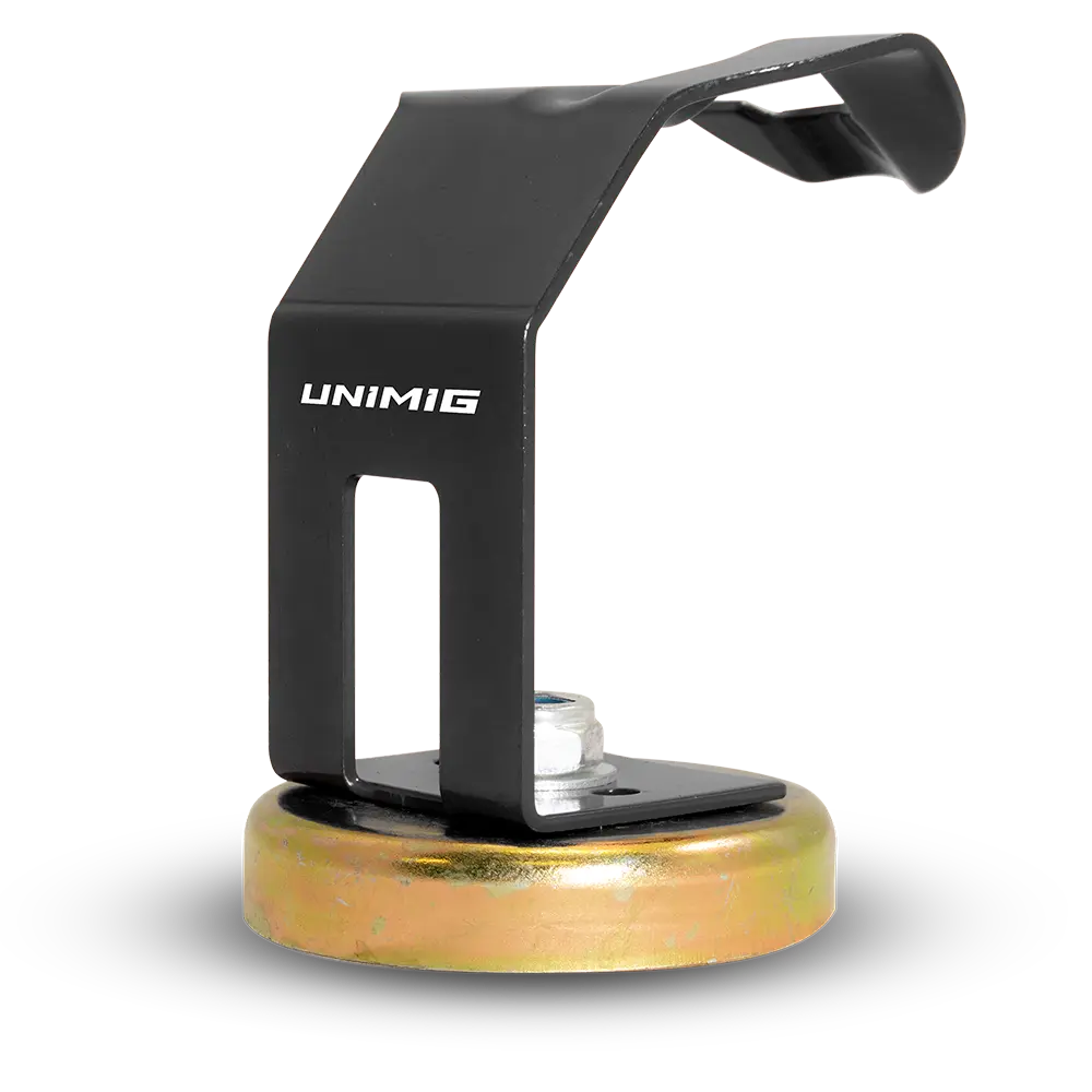 This is an image of a Unimig magnetic welding torch holder with a black bracket and gold base, offered by Kennedys Welding Supplies in Derwent Park TAS, featuring tool shop services and welding specialists.